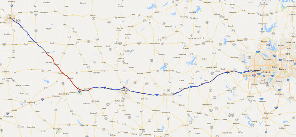 Lubbock to DFW map